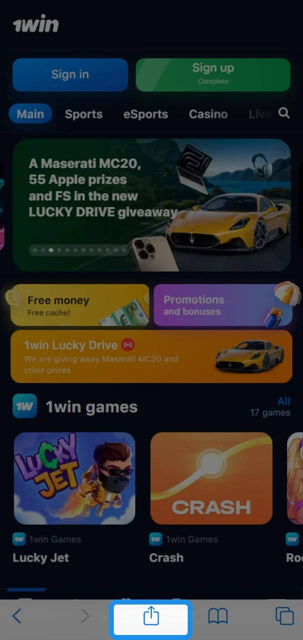 Click the Share button in your browser to add the 1win shortcut.