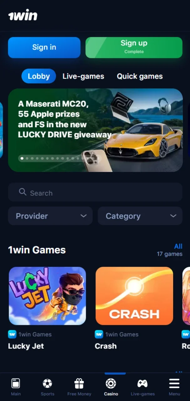 Install the 1win app to play casino games and win.