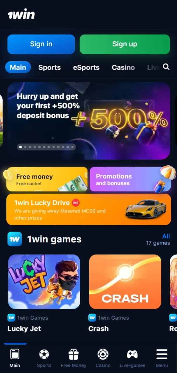 Enjoy the adapted interface of the official 1win app for Android and iOS.