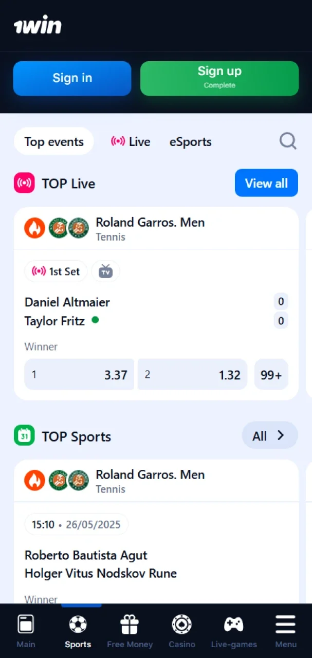 Place bets on various sports through the official 1win app.