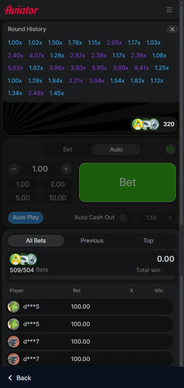At 1win in the Aviator game, you can view the round history.