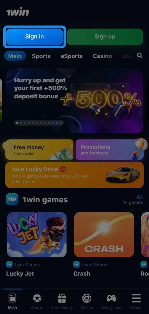 Find the Login button and open the login form on the 1win website.