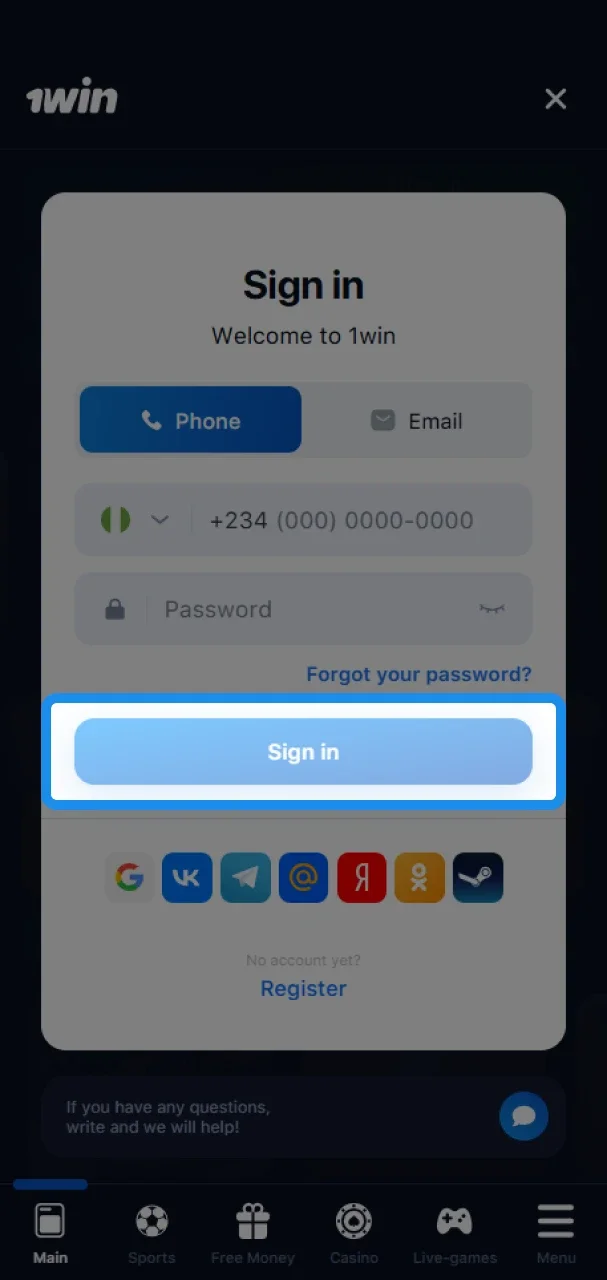 After entering your 1win credentials, log in to your account.