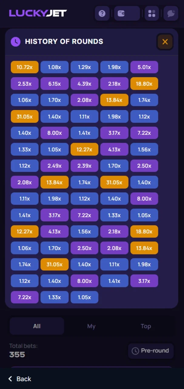 See the round history of the Lucky Jet game at 1win.