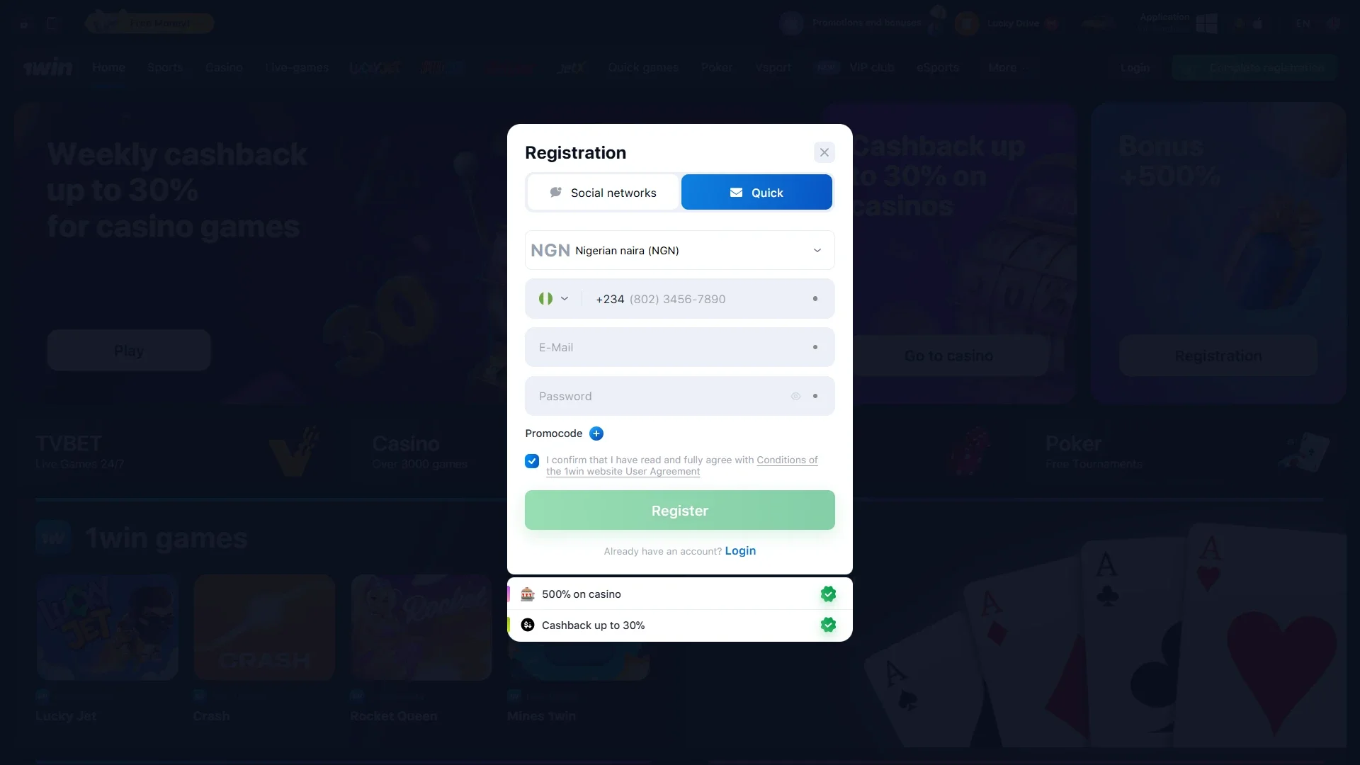Create an account to bet and play at 1win.