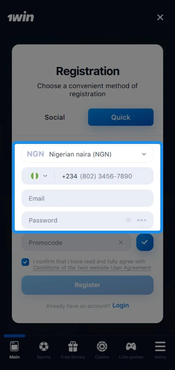 Add your number, email and password to register at 1win.