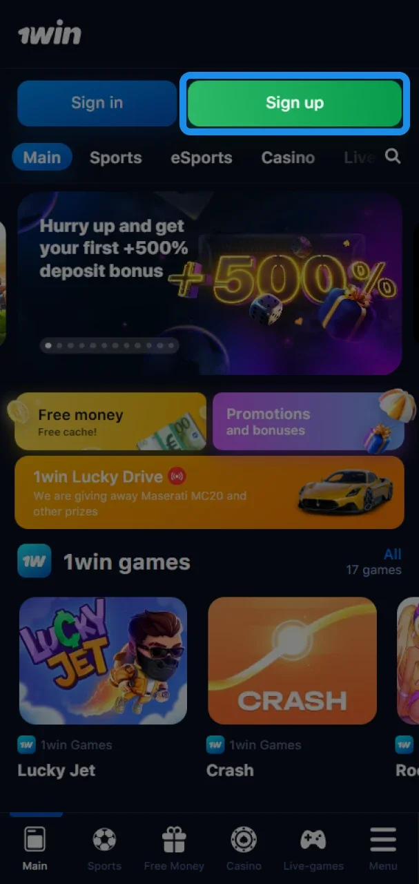 Open the official 1win website and find the Sign up button.