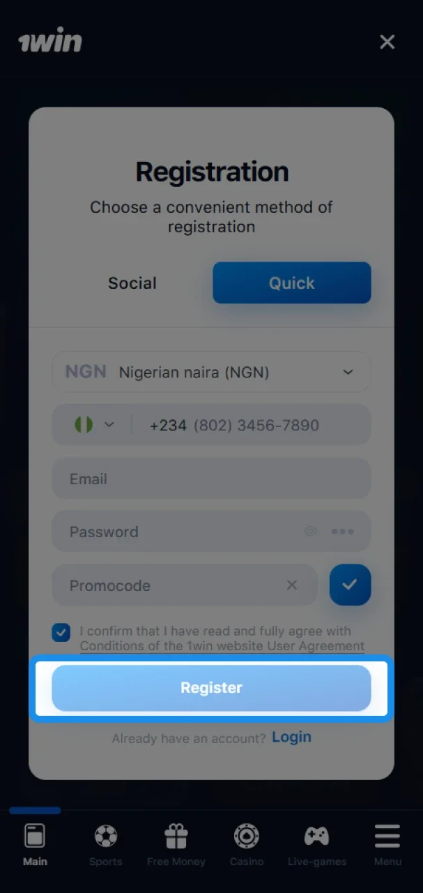 Once you have entered all the information, complete your registration at 1win.