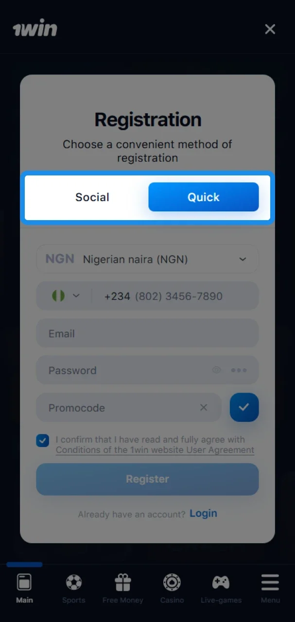 Choose a convenient way of registration at 1win.