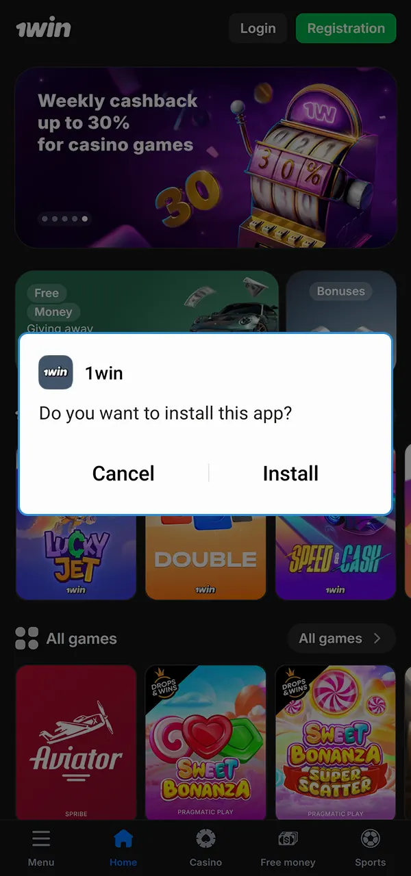 Open your downloads folder and install the official 1win app.