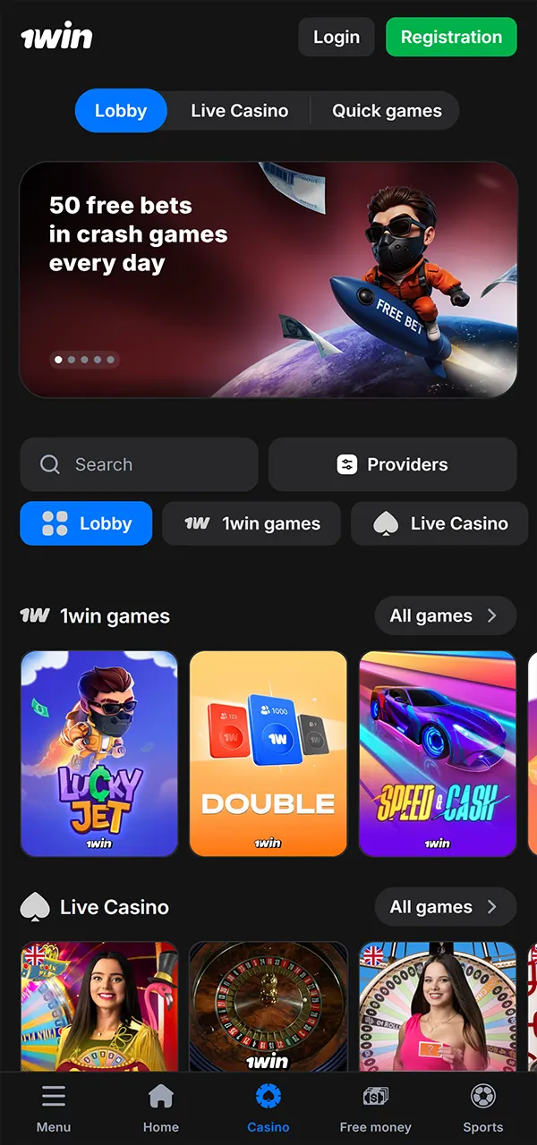 Install the 1win app to play casino games and win.