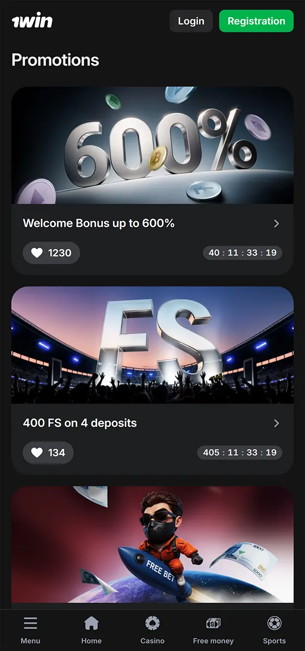 Get a variety of bonuses through the 1win app.