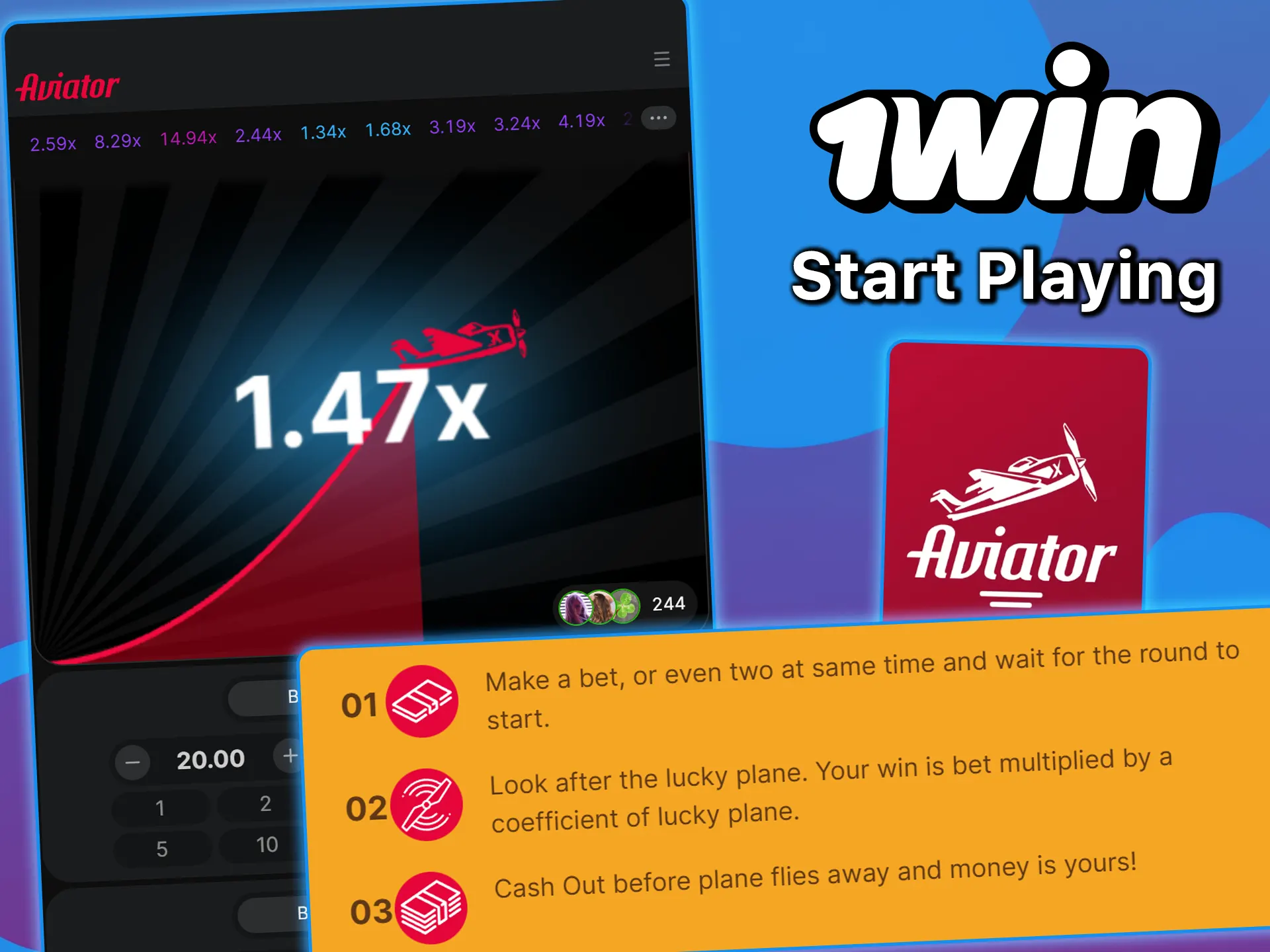 Log in to your account and play Aviator at 1win.