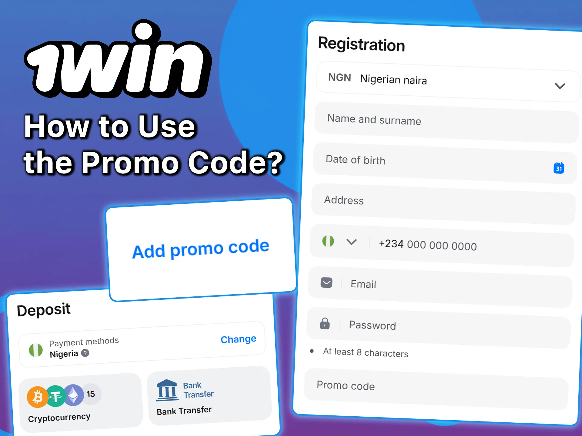 Create an account and top up your balance to activate the promo code on 1win.