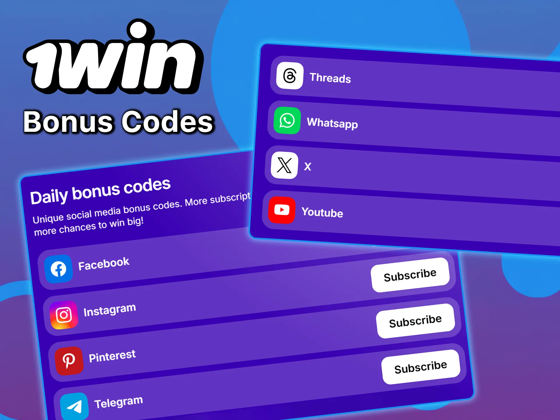 Check out the bonus codes on 1win's social media pages.
