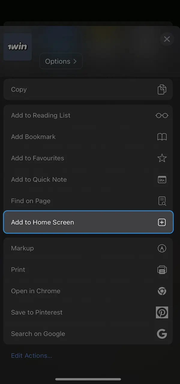 Open the menu and add the 1win shortcut to your home screen.
