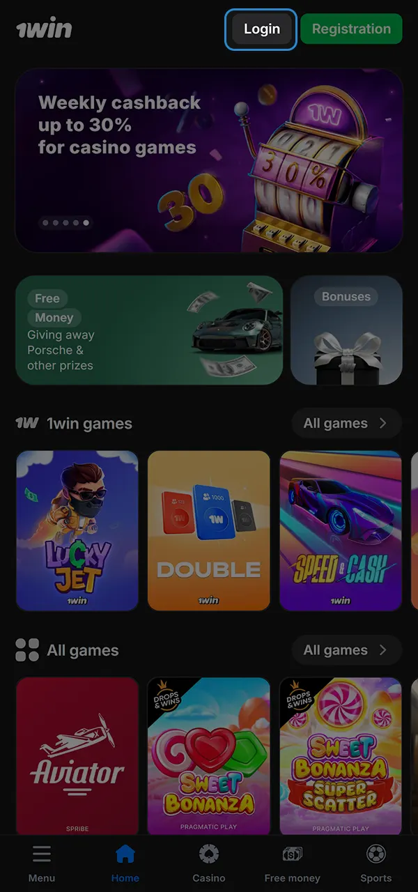 Find the Login button and open the login form on the 1win website.