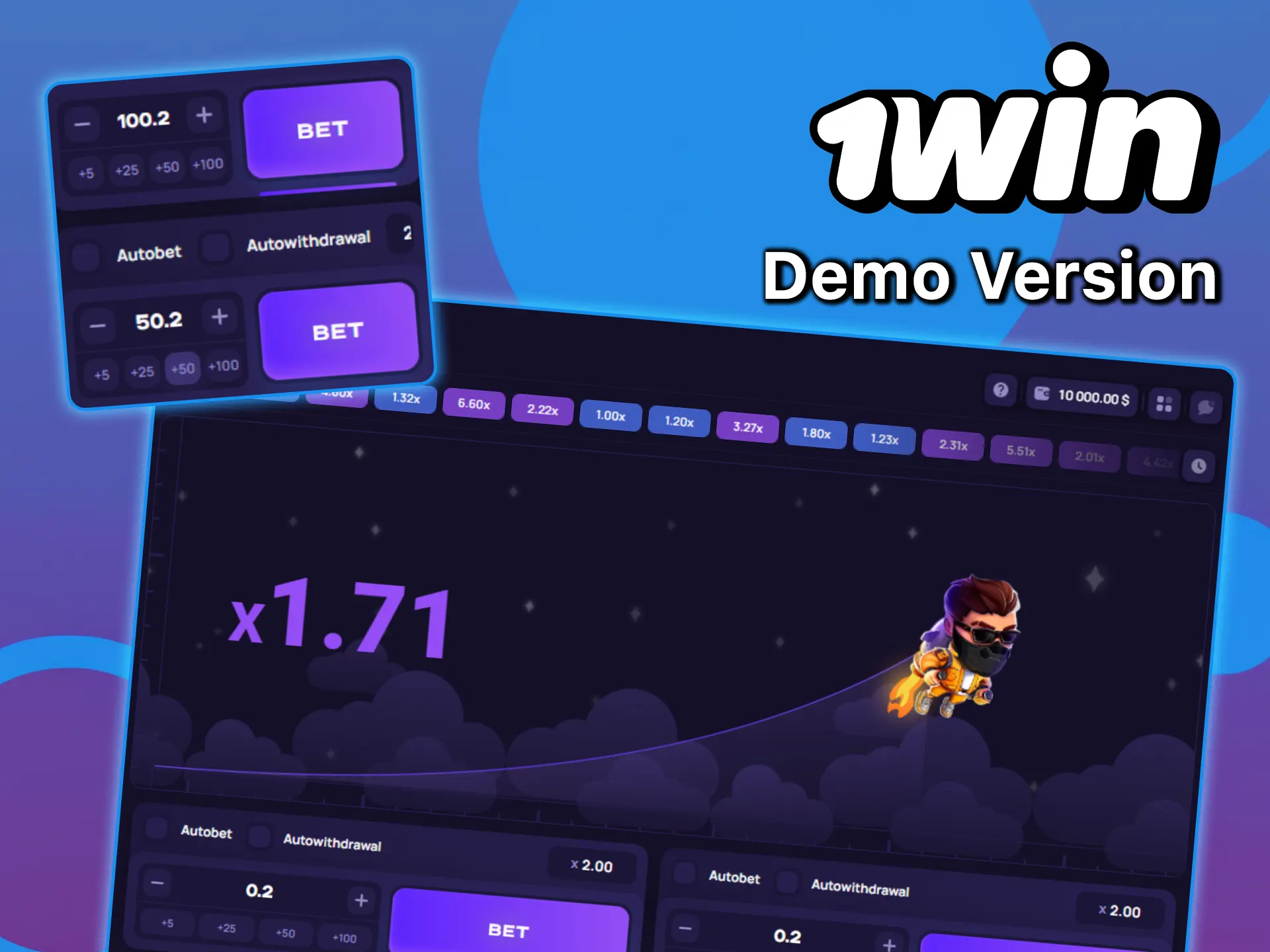 Open the demo version of Lucky Jet at 1win and practice.
