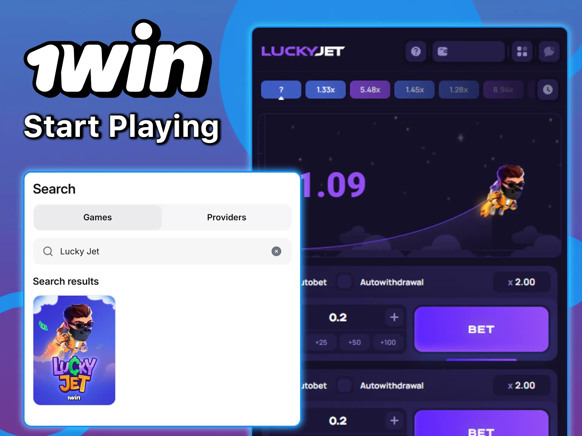 Start playing your favorite game, Lucky Jet, at 1win.