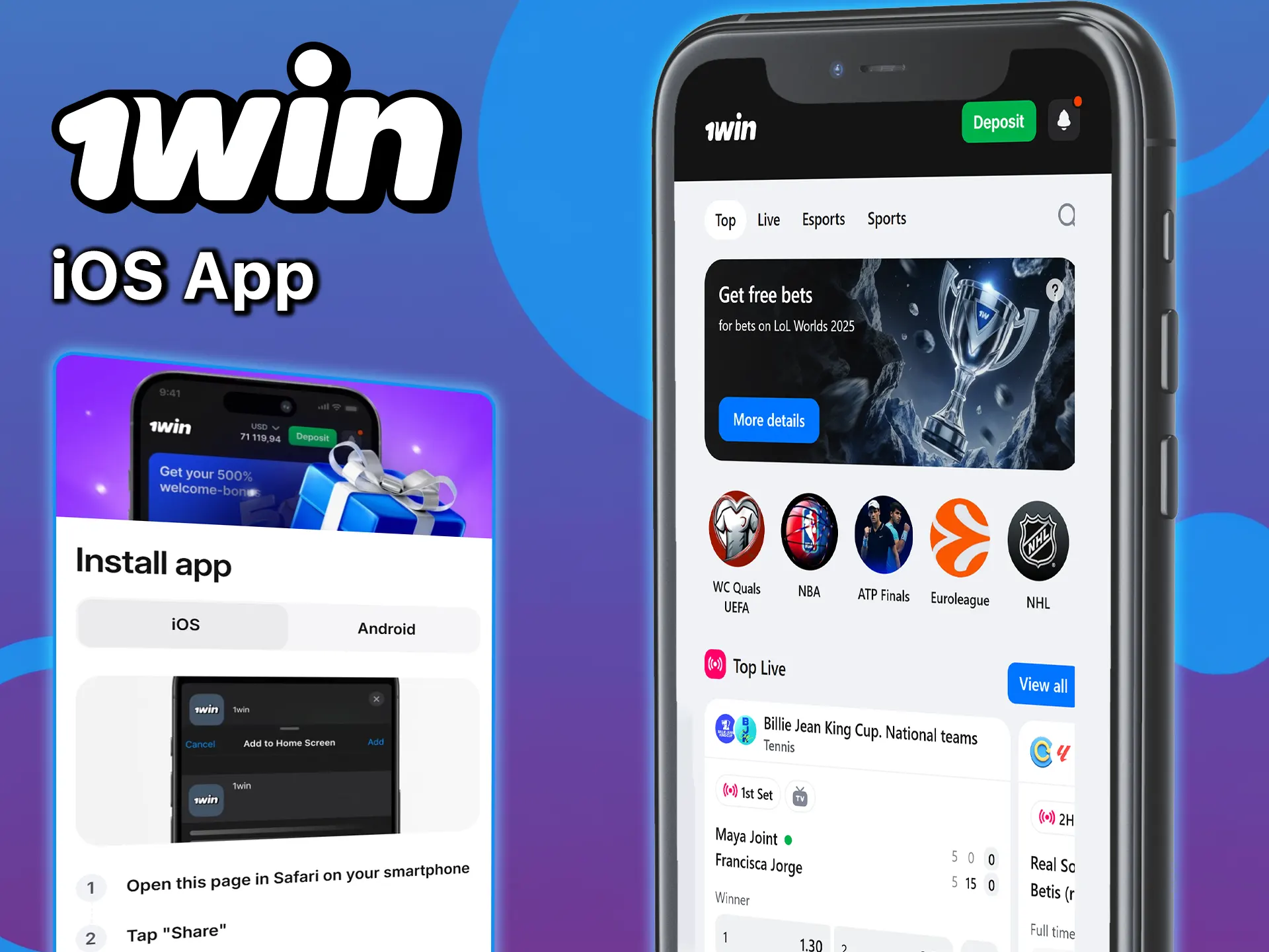 Open the 1win app for iOS and start betting on your favorite events.