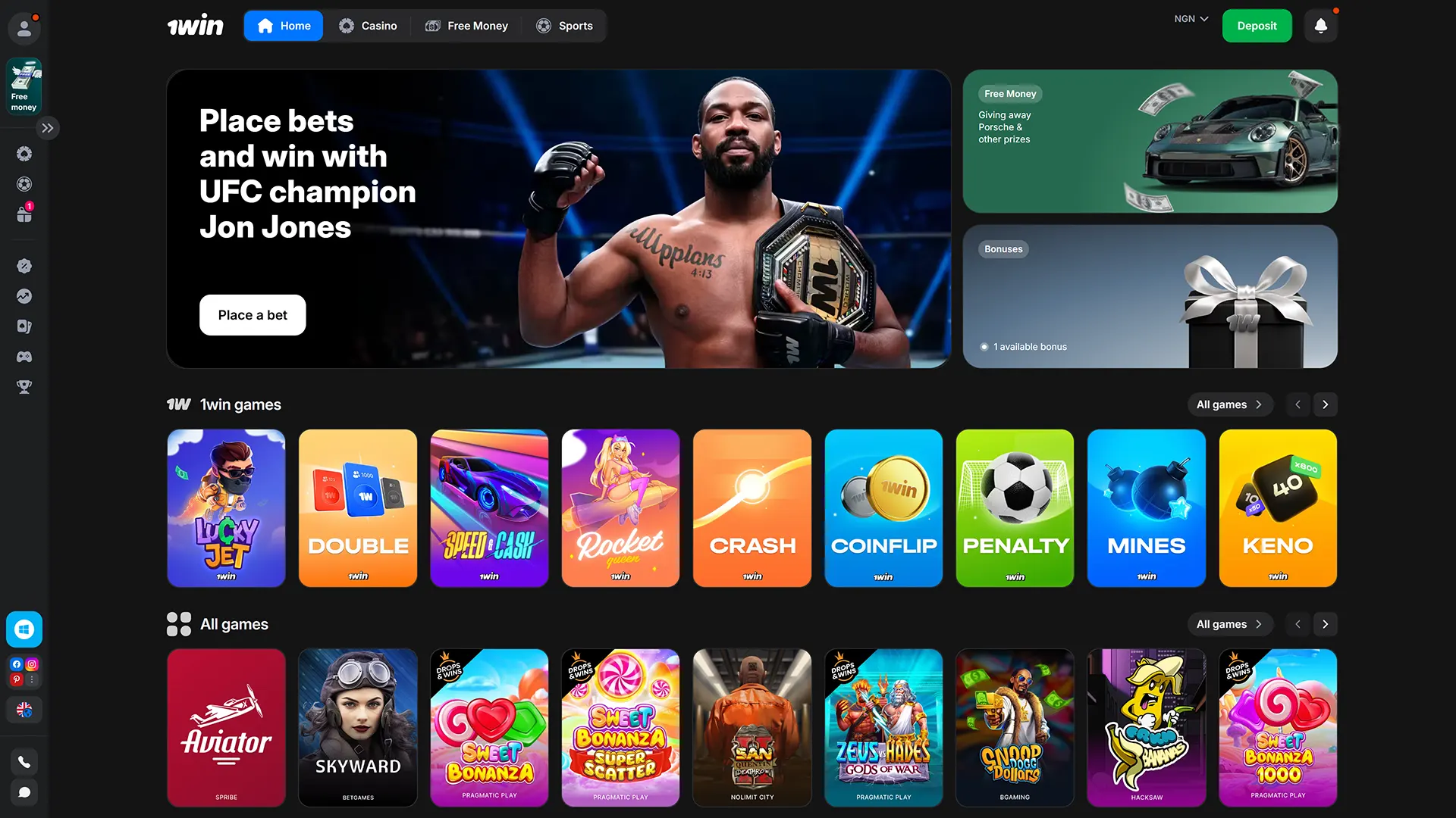 The official 1win platform offers a variety of sports to bet on and games to win.