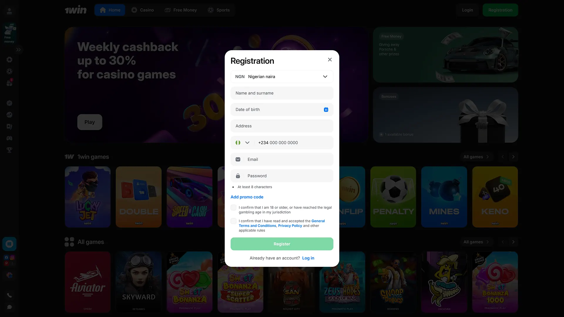 Create an account to bet and play at 1win.