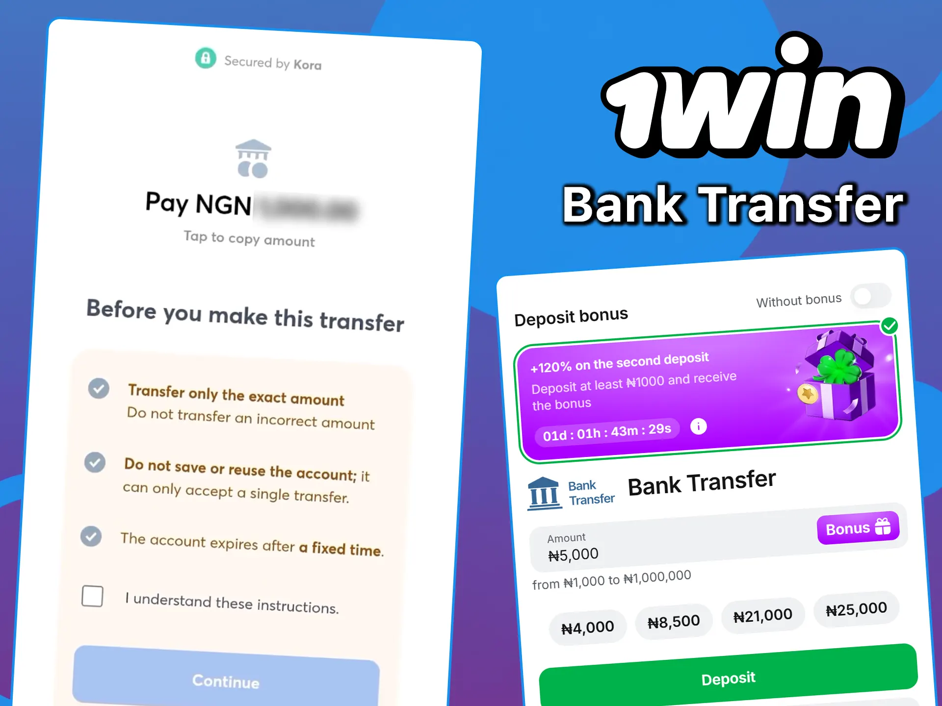 Use a bank transfer to top up your account on 1win.