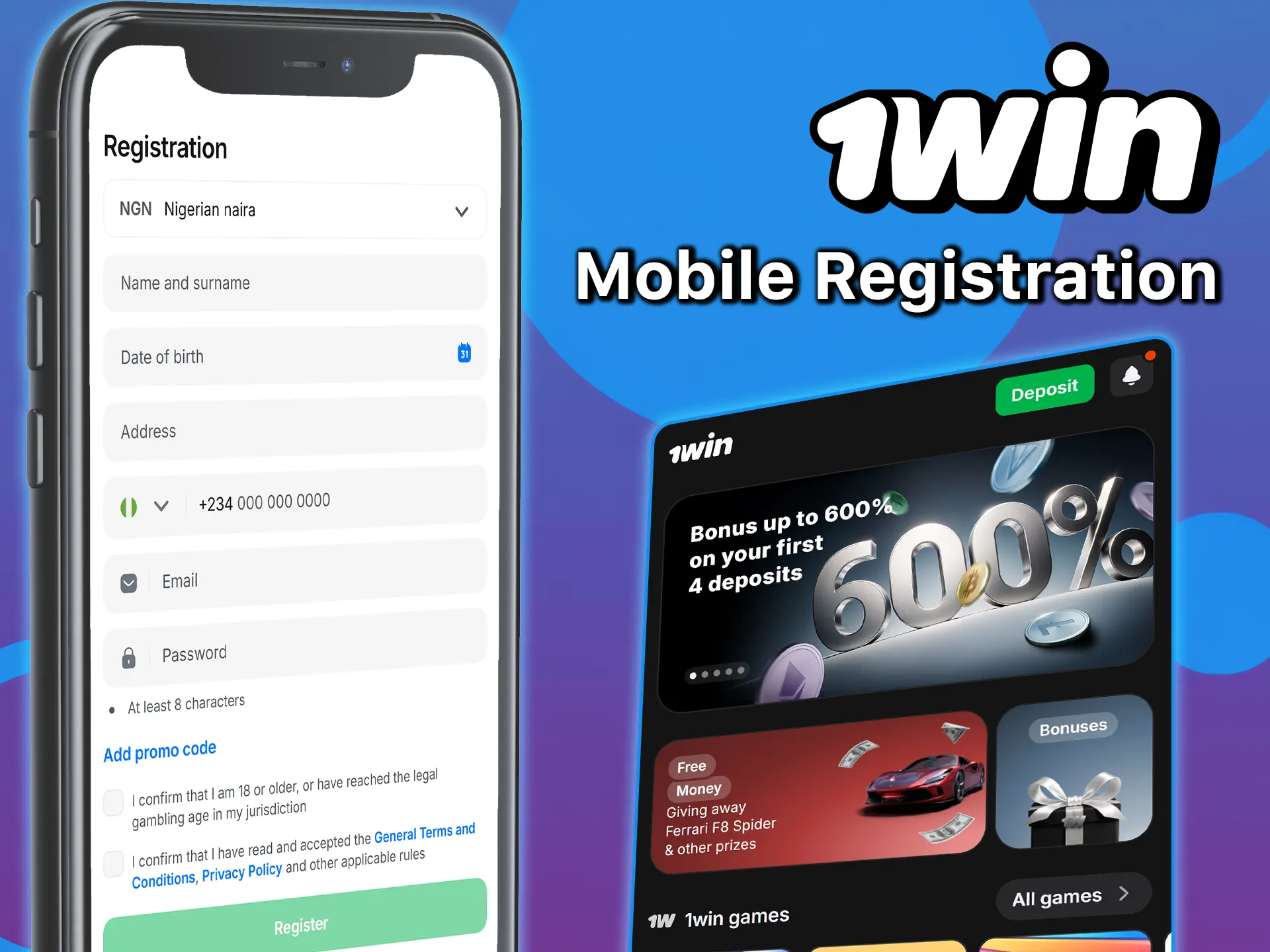 Register on 1win from your phone and get access to games and betting.