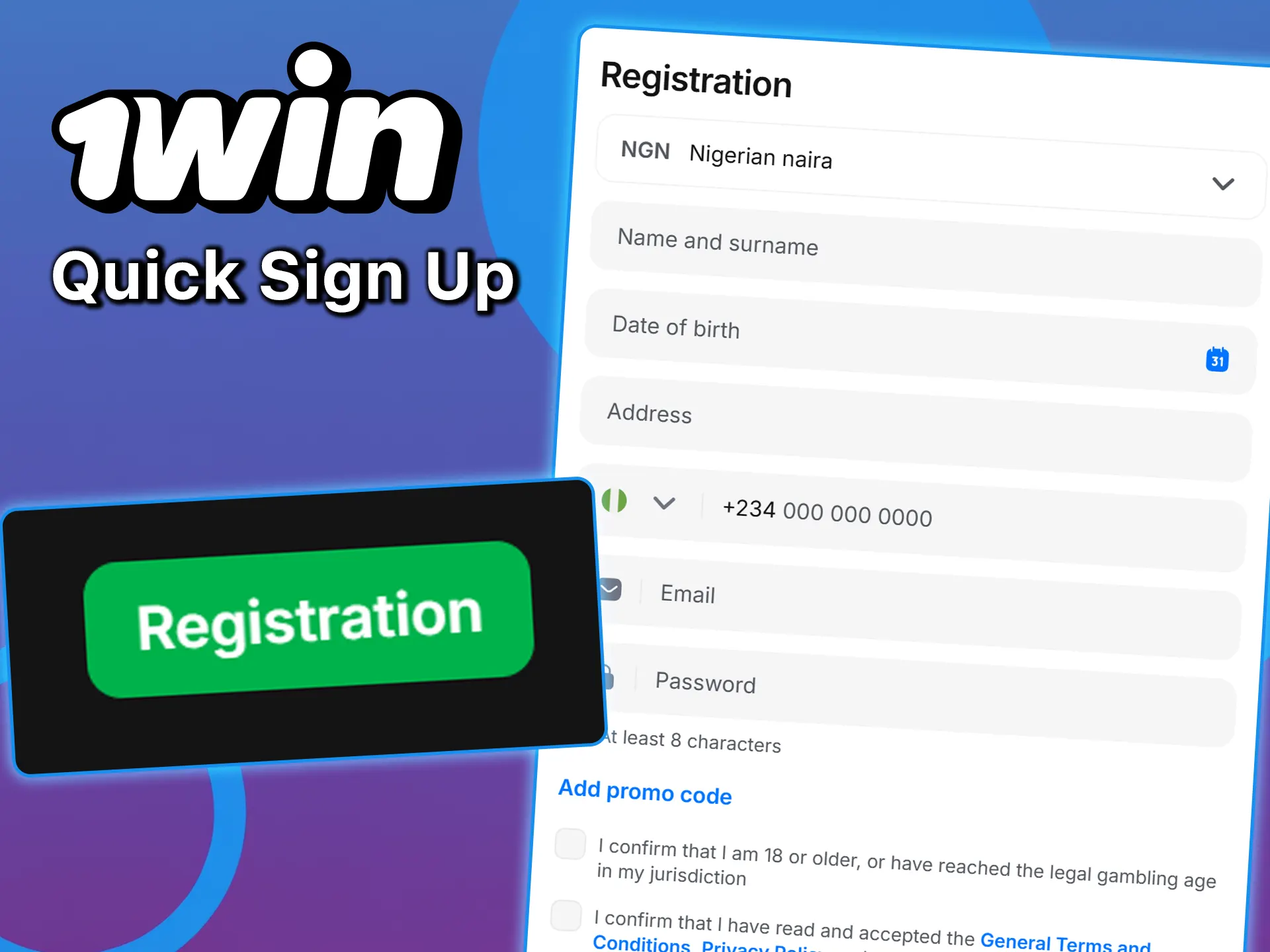 Complete a quick registration at 1win.