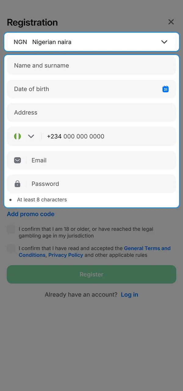 Add your number, email and password to register at 1win.