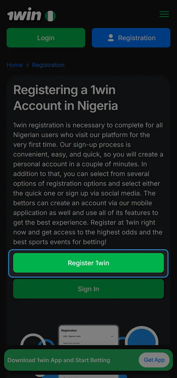 Open the official 1win website and find the Sign up button.