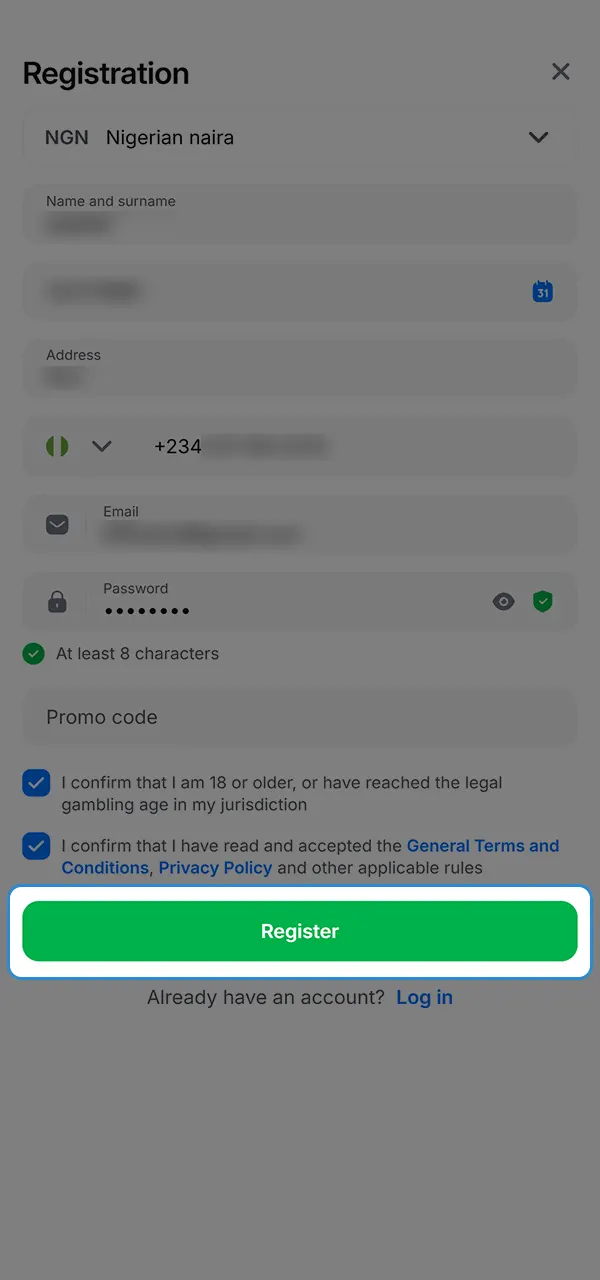 Once you have entered all the information, complete your registration at 1win.