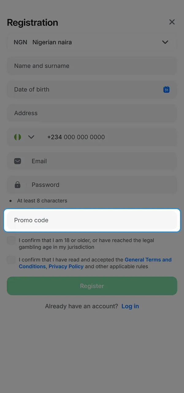 Enter the promo code in the special field in the 1win registration form.