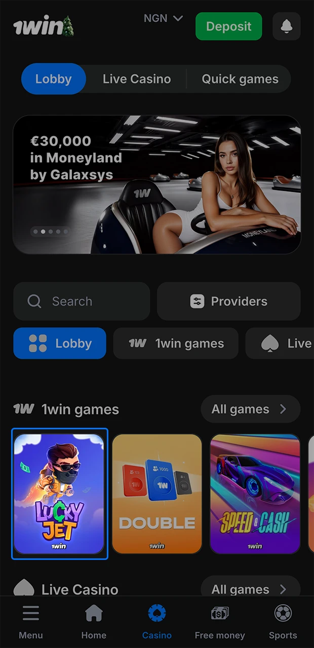 Select a game you like in the casino category on the 1win website.