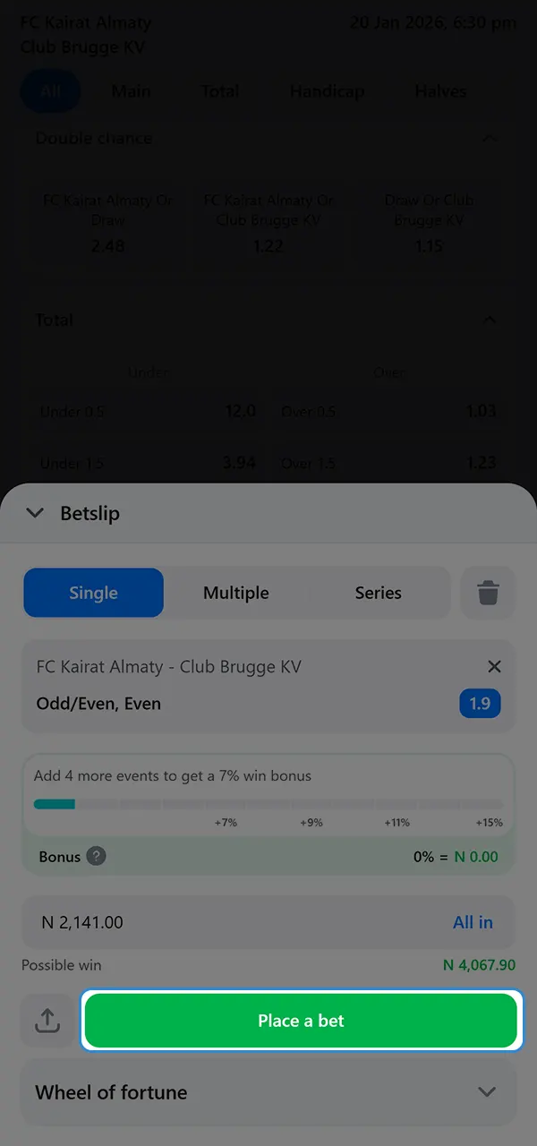 Register and confirm your bet at 1win.