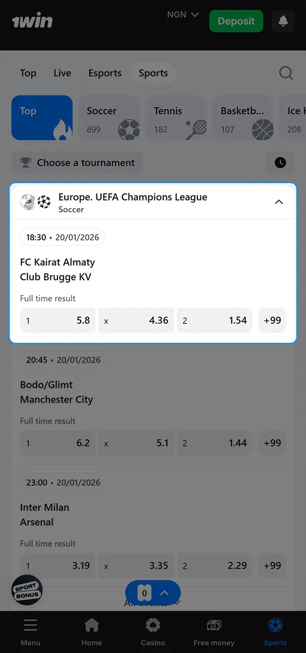 Choose your sport at 1win and place your bet.